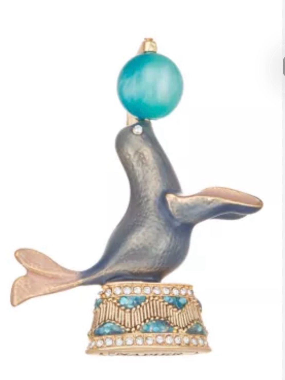 Napier Gold tone Seal Balancing Teal Ball Pin Brooch